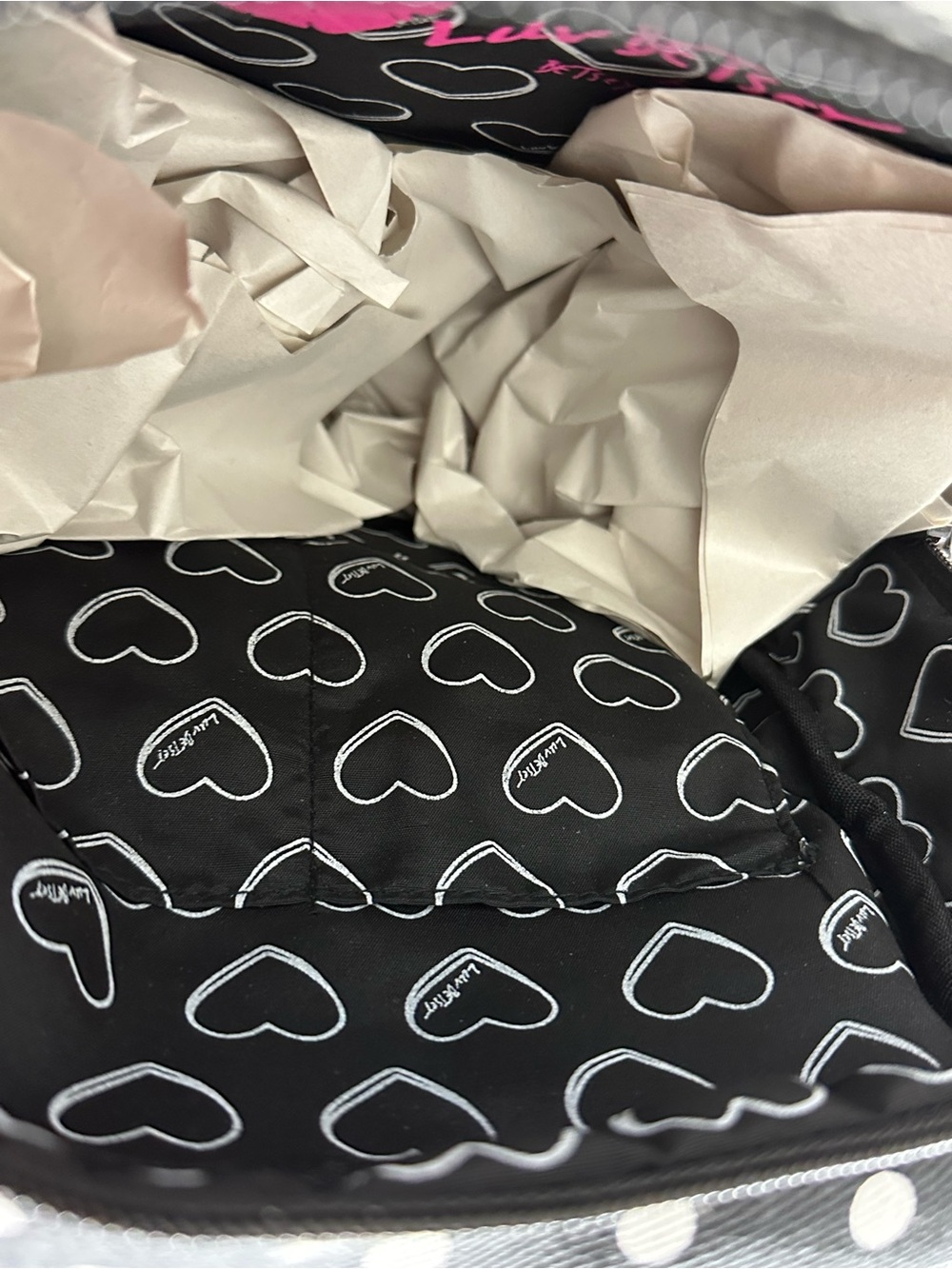 Betsey Johnson Black & White Polka Dot Heart Patch Backpack - Picture 15 of 16